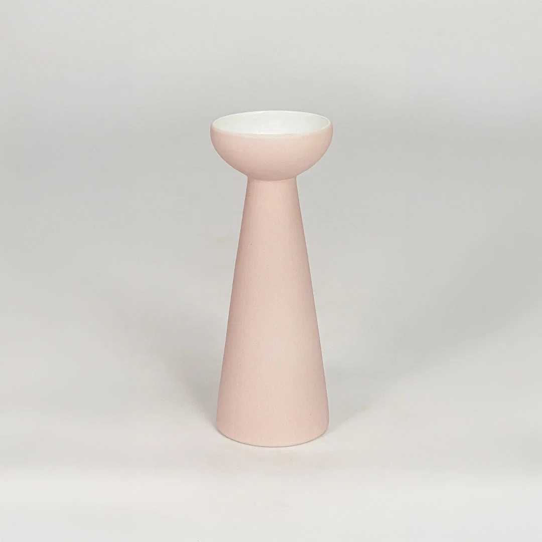 Tall minimalist matte pastel pink pedestal vase for modern home decor and elegant tabletop shelf styling needs.