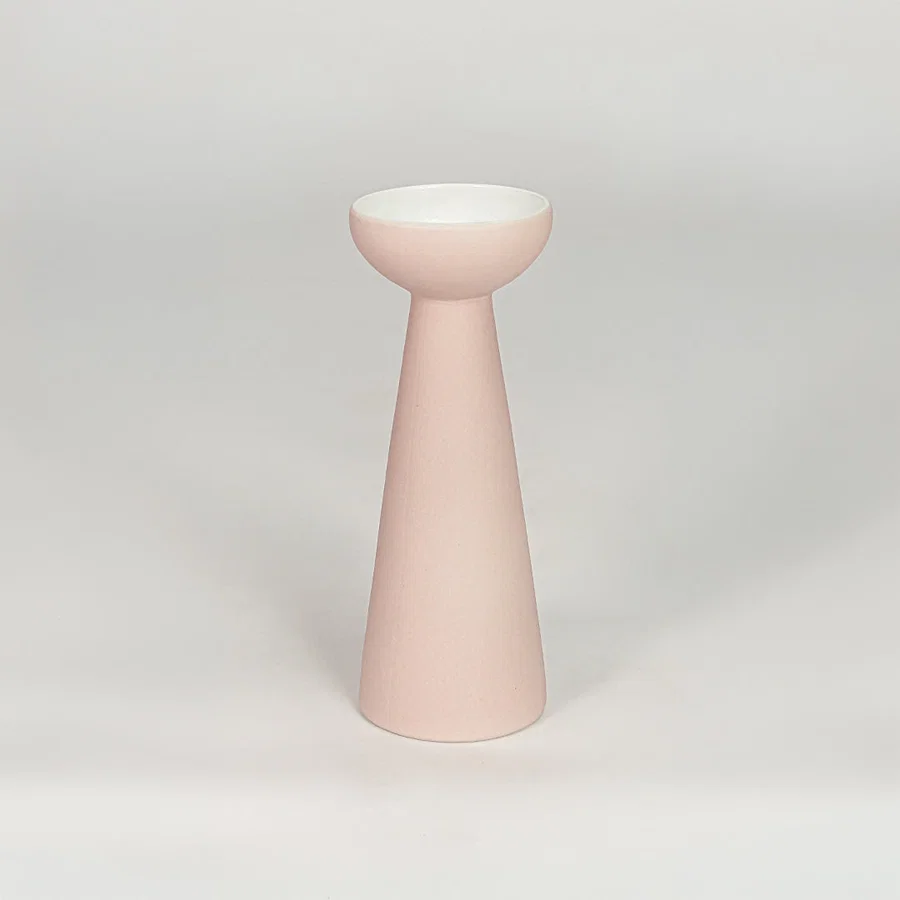 Tall minimalist matte pastel pink pedestal vase for modern home decor and elegant tabletop shelf styling needs.