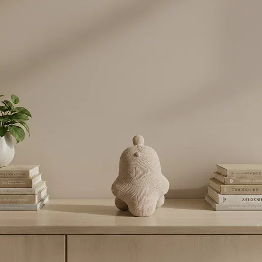 Textured abstract ceramic decor sculpture styled on table modern artistic object for living room shelf console or office decor.