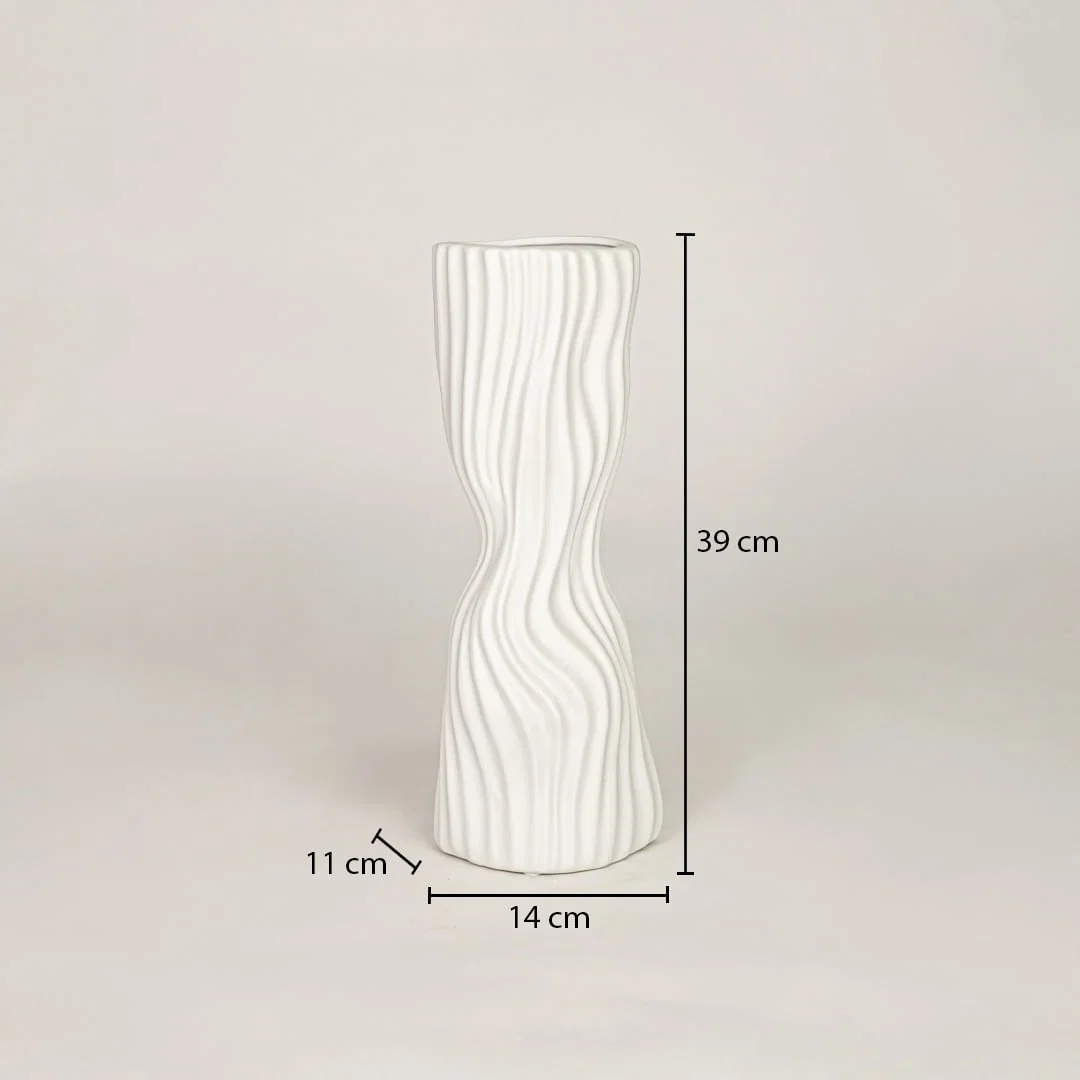 White ceramic vase measuring 39 cm height and 14 cm width for modern tabletop and shelf decor placement.