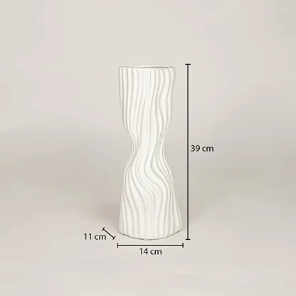 White ceramic vase measuring 39 cm height and 14 cm width for modern tabletop and shelf decor placement.