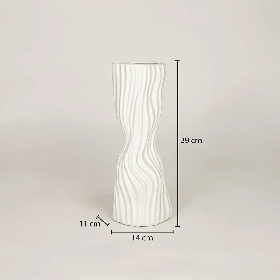 White ceramic vase measuring 39 cm height and 14 cm width for modern tabletop and shelf decor placement.
