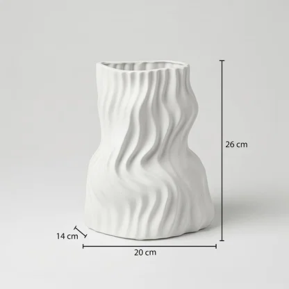 White ceramic decorative vase size 26 cm height 20 cm length modern textured flower vase dimension reference image.