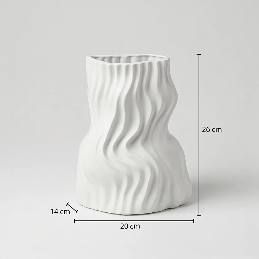 White ceramic decorative vase size 26 cm height 20 cm length modern textured flower vase dimension reference image.