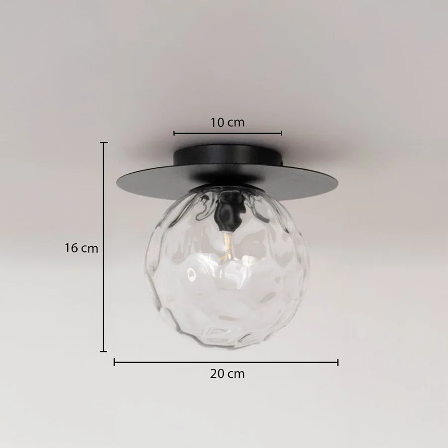 Ceiling light with textured glass globe shown with dimensions 20cm width and 16cm height for modern ceiling lighting decor.