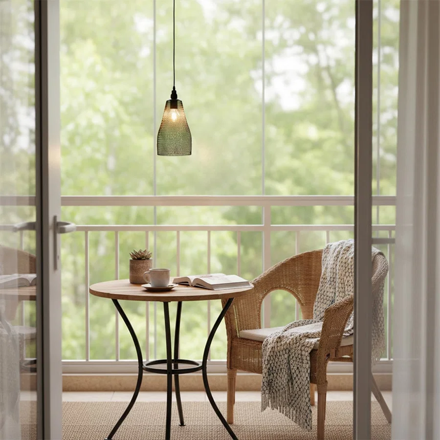 Amber ribbed glass pendant light above cafe table creating warm ambient lighting for modern indoor seating areas.