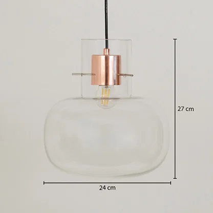 Modern clear glass pendant light measuring 27 cm height and 24 cm width displayed on white background.
