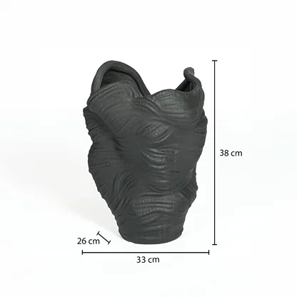 Dimension image of charcoal black textured organic sculpture vase with wavy folds showing 38 cm height and 33 cm width.