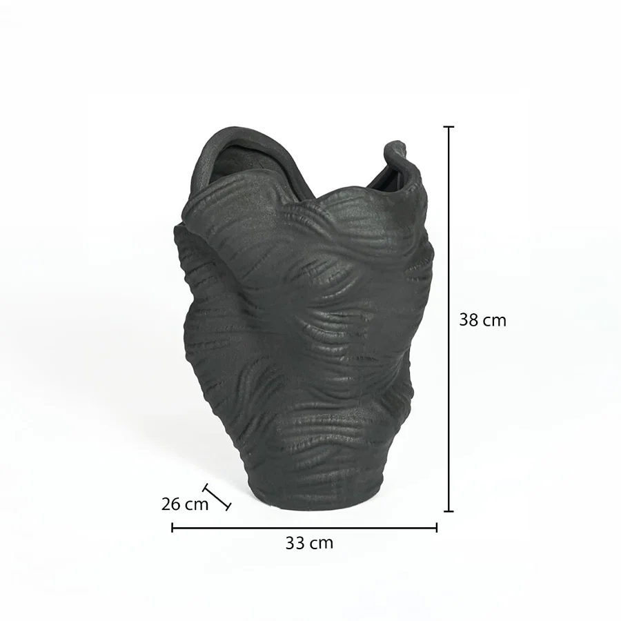 Dimension image of charcoal black textured organic sculpture vase with wavy folds showing 38 cm height and 33 cm width.