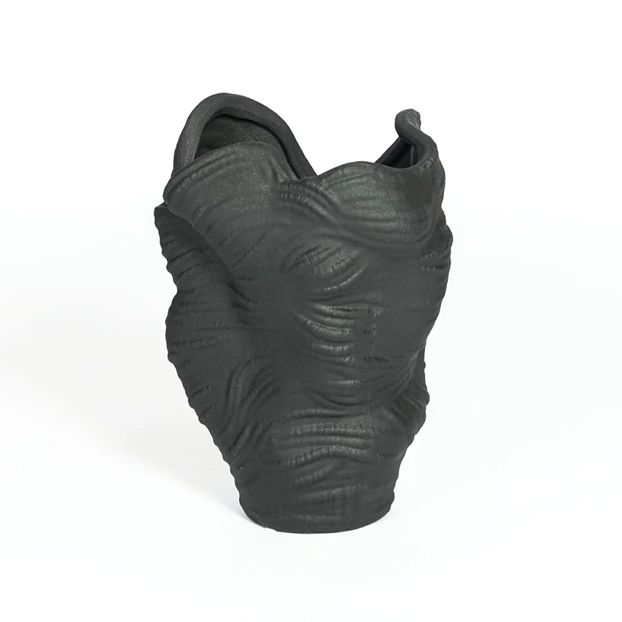 Black ceramic decorative vase with sculptural organic silhouette for artistic tabletop styling and home decor displays.