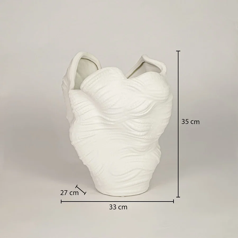 Dimension image of matte white textured organic sculpture vase with wavy folds showing 35 cm height and 33 cm width.