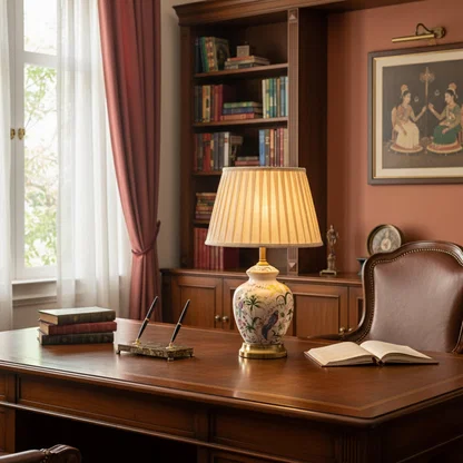 Floral ceramic table lamp with pleated fabric shade placed on a wooden desk creating elegant traditional ambient lighting.
