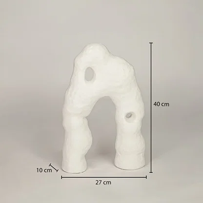 Dimension image of organic textured white ceramic arch sculpture vase with small cutouts showing 40 cm height and 27 cm width.