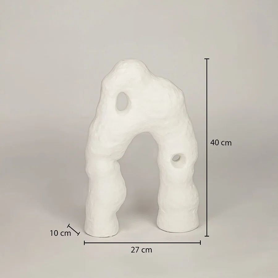 Dimension image of organic textured white ceramic arch sculpture vase with small cutouts showing 40 cm height and 27 cm width.