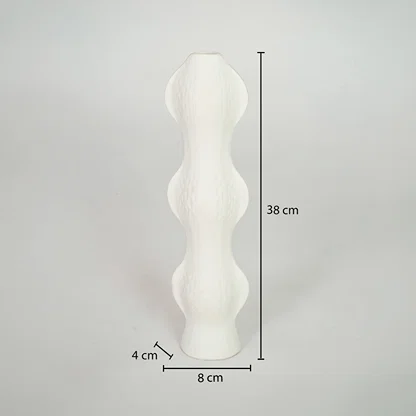 Dimension image of white ceramic abstract vase measuring 38 cm for modern shelf decor with textured matte finish.
