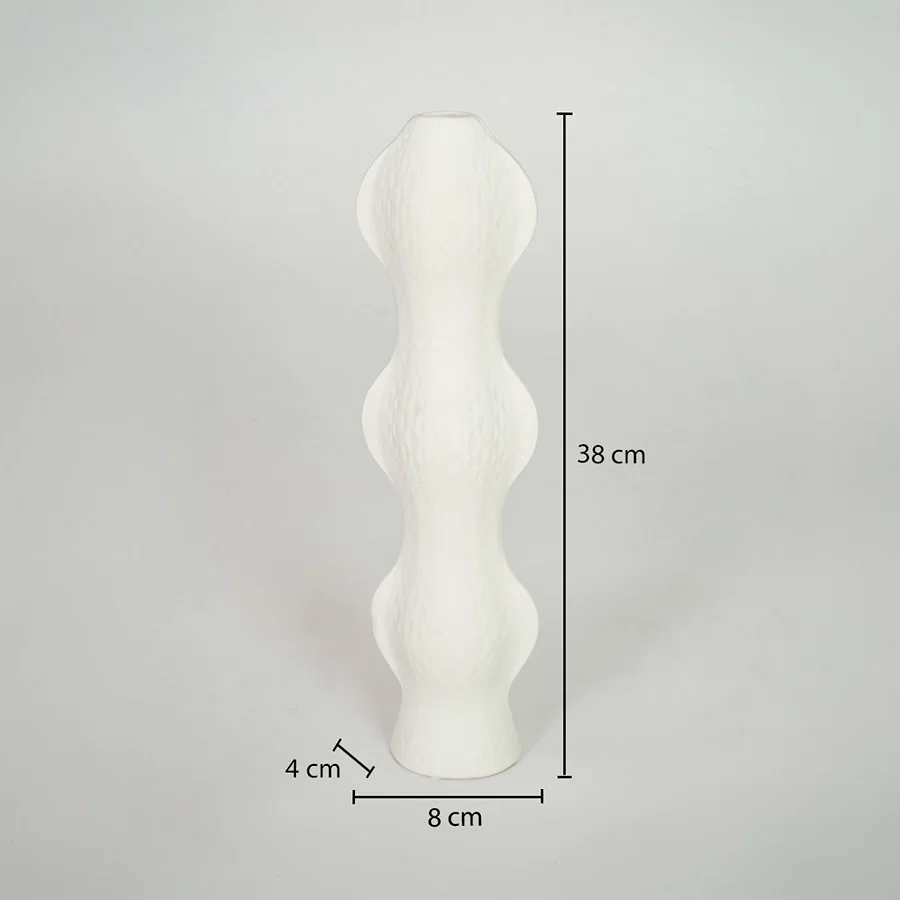 Dimension image of white ceramic abstract vase measuring 38 cm for modern shelf decor with textured matte finish.
