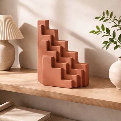 Orange ceramic stepped decorative sculpture with geometric layered form isolated on clean white background for stylish interior display.