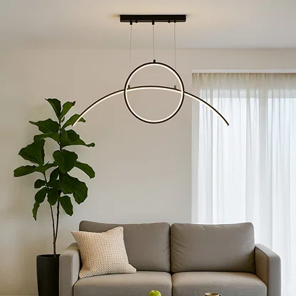 Modern gold ring chandelier showcased in a cozy living room setting offering soft LED lighting with a refined contemporary curved structure for stylish décor.
