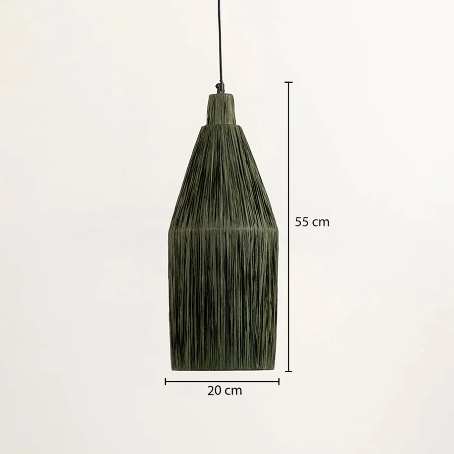 An olive green textured pendant light with dimension markings showing a height of 55 cm and a width of 20 cm, against a plain white background.