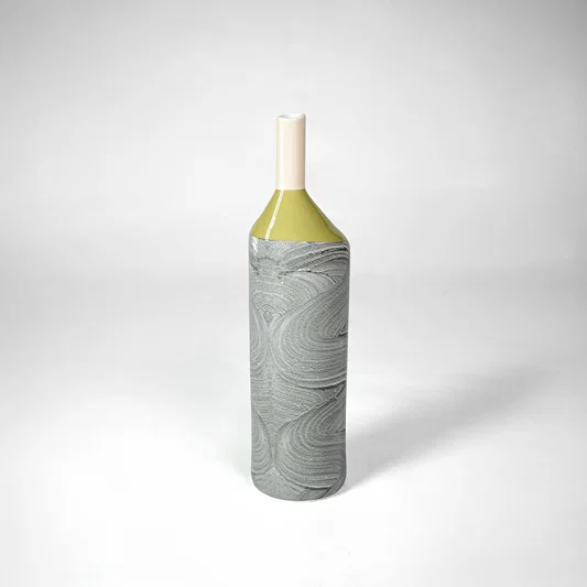 Grey textured ceramic vase with gold neck for stylish console table placement and modern indoor decor styling.