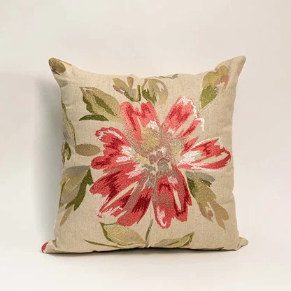 White background image displays square beige cushion cover with red and green floral design perfect for sofa bed chair decor.