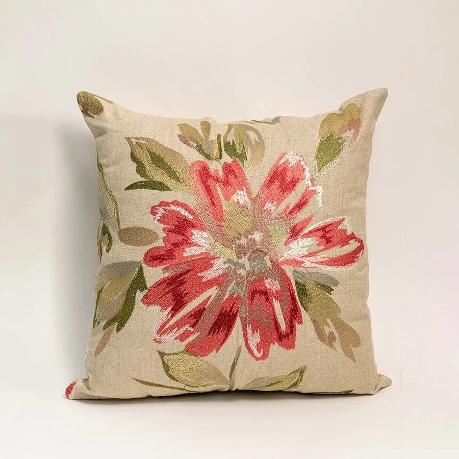 White background image displays square beige cushion cover with red and green floral design perfect for sofa bed chair decor.