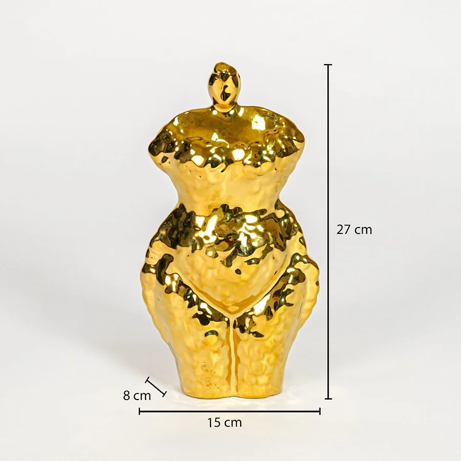 Gold ceramic female figurine dimension image showing 27 cm height 15 cm width and 8 cm depth decorative sculpture accent.