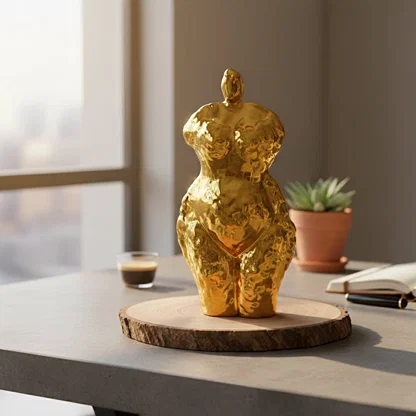 Gold ceramic female figurine styled on living room console modern decorative sculpture accent for shelf table or decor styling home.