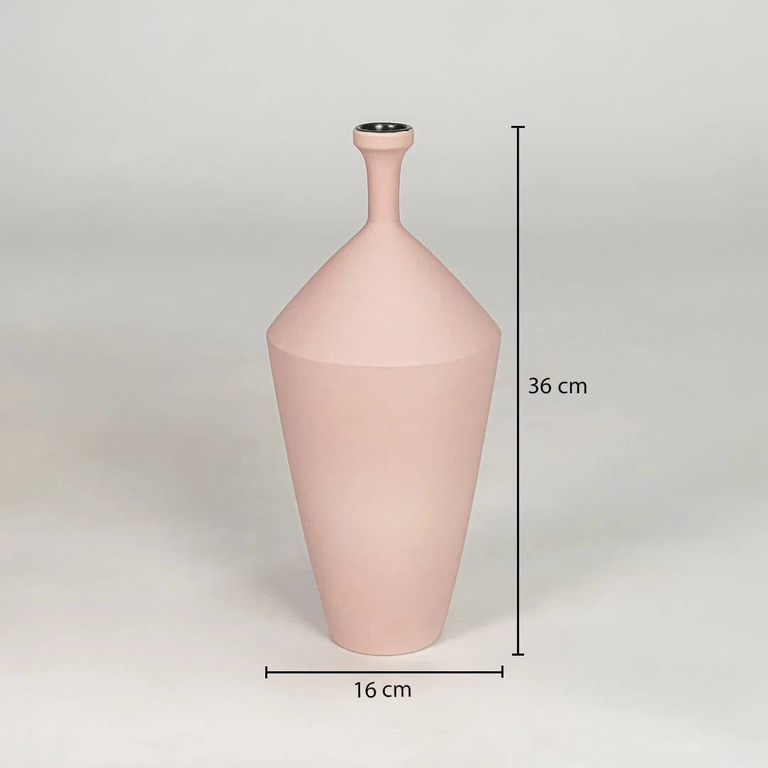 Pink ceramic flower vase size 36 cm height 16 cm width modern decorative vase for table console shelf styling.