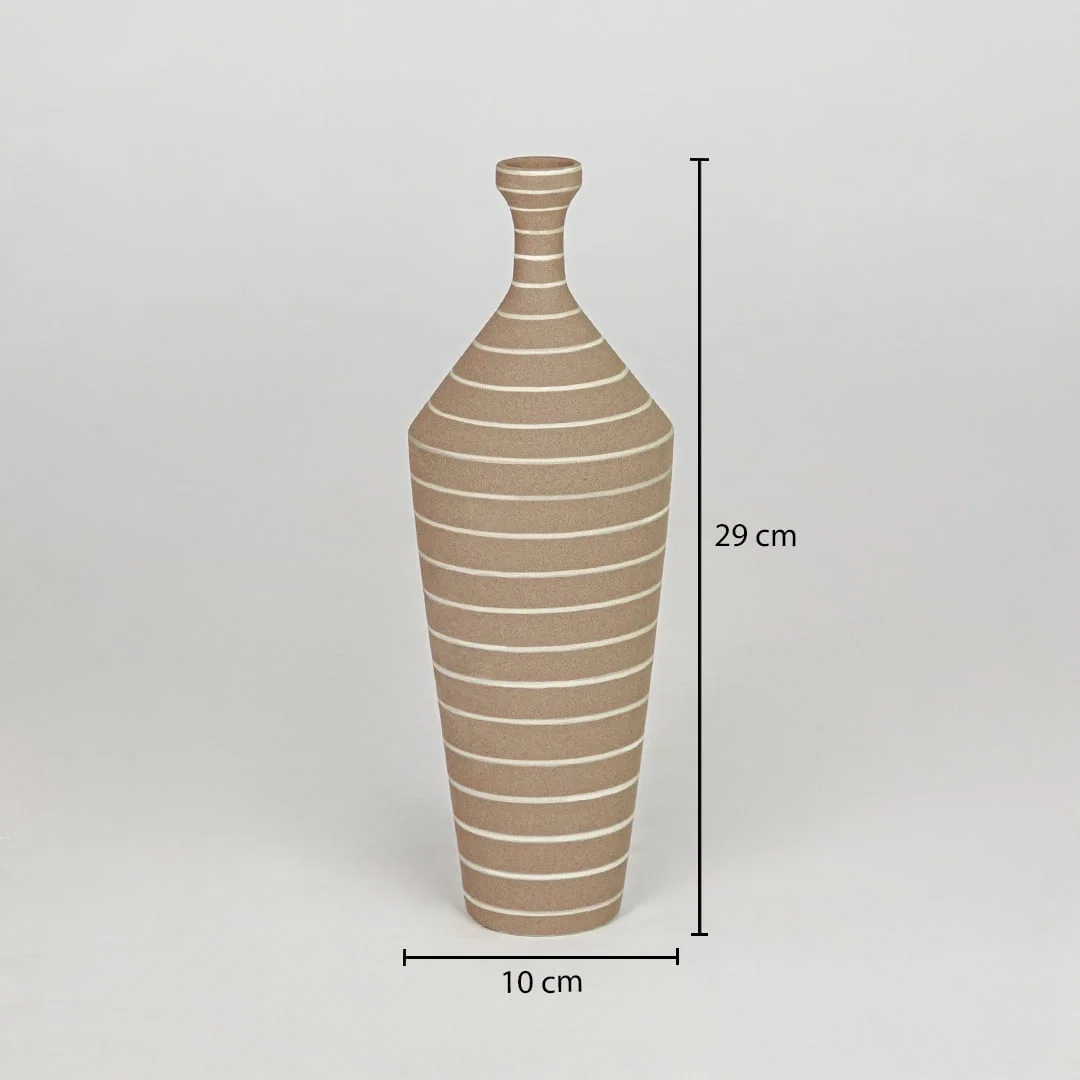 Brown ceramic decorative vase size 29 cm height 11 cm length modern striped flower vase dimension reference image.
