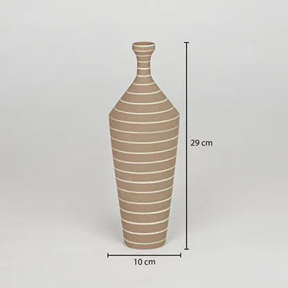 Brown ceramic decorative vase size 29 cm height 11 cm length modern striped flower vase dimension reference image.