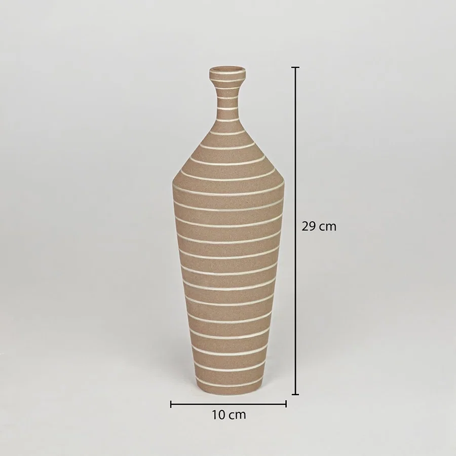 Brown ceramic decorative vase size 29 cm height 11 cm length modern striped flower vase dimension reference image.