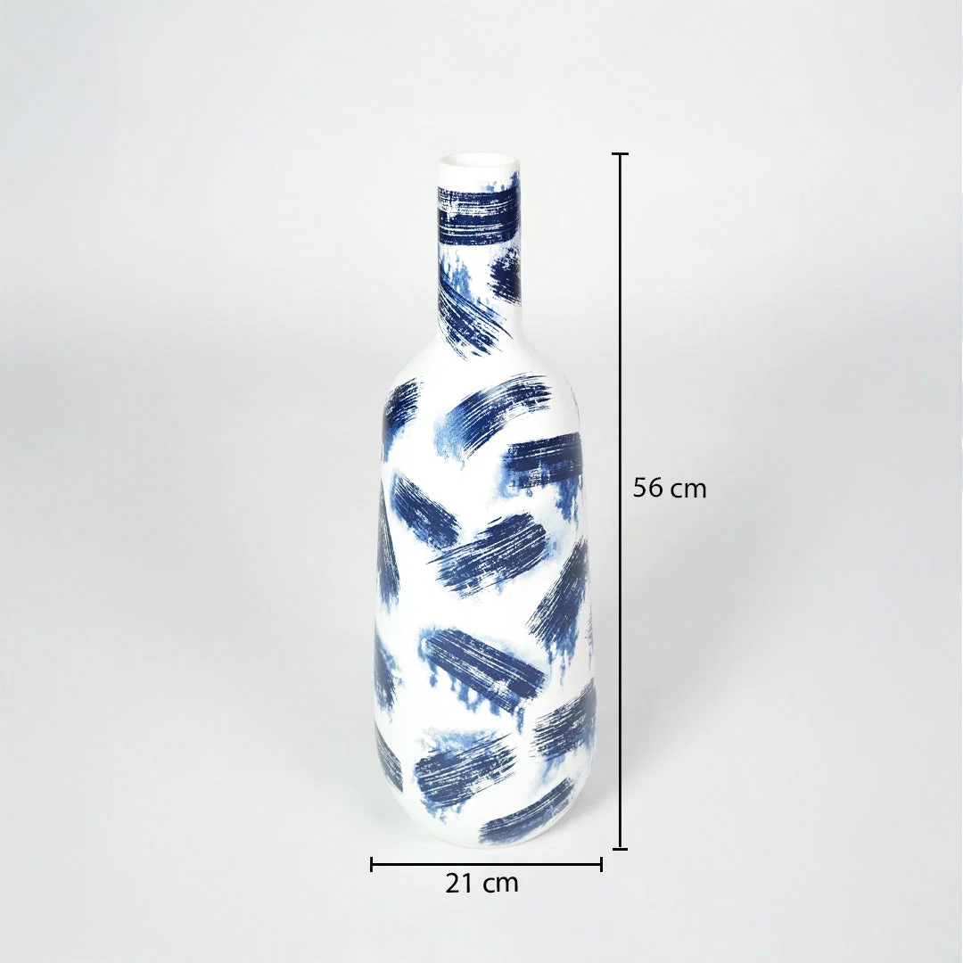 Tall slender white bottle vase with blue brushstrokes and dimension markings for luxury home decor catalog reference.