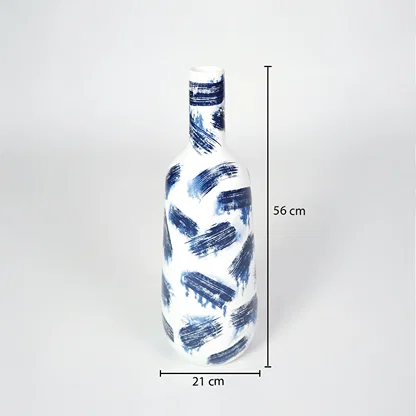 Tall slender white bottle vase with blue brushstrokes and dimension markings for luxury home decor catalog reference.