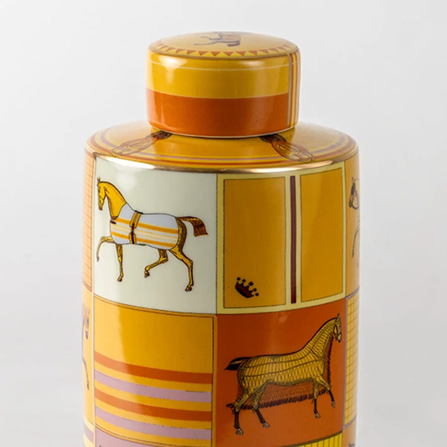 Tall yellow ceramic jar with horse artwork in a front view perfect for vibrant décor styling and stylish console display.