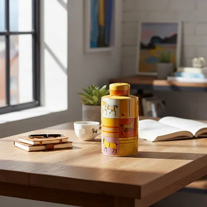 Amber ceramic decorative jar with vintage artwork styled on a wooden desk for elegant contemporary home decor settings.