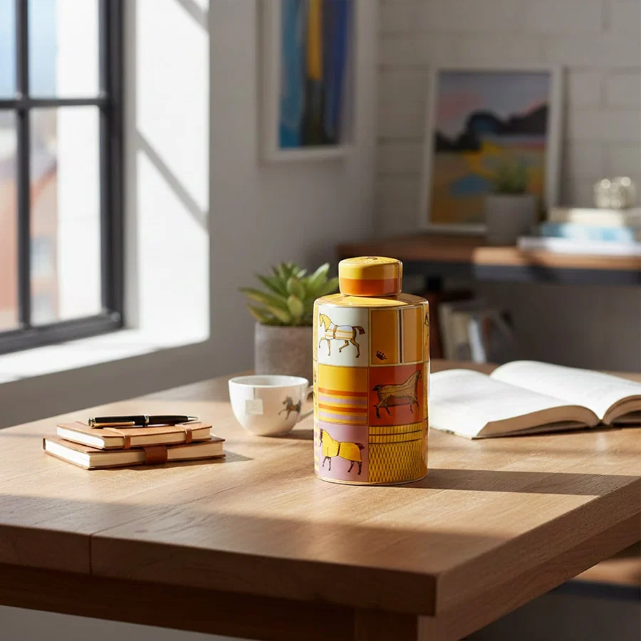 Amber ceramic decorative jar with vintage artwork styled on a wooden desk for elegant contemporary home decor settings.