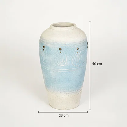 Dimension image of blue ceramic floor vase for elegant interior decor styling with textured artistic finish.