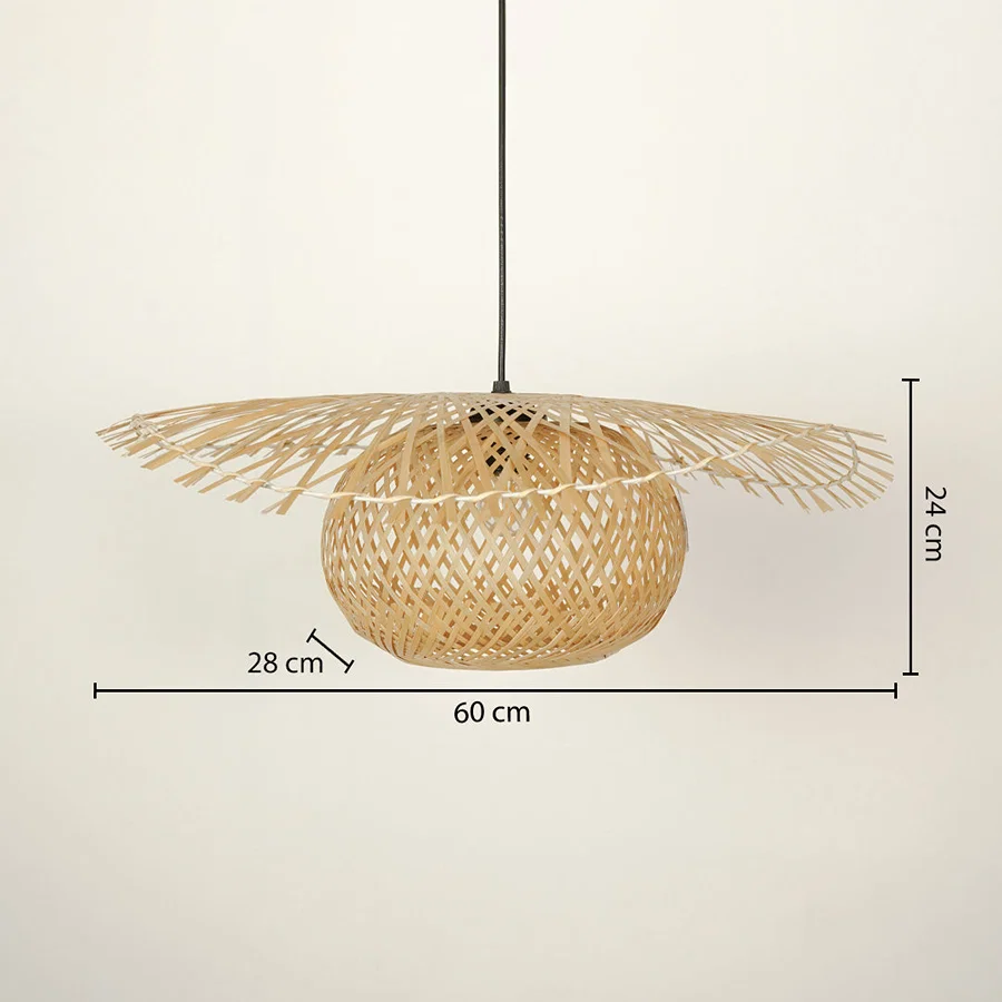 Handwoven bamboo pendant light with natural weave displaying size details elegantly.