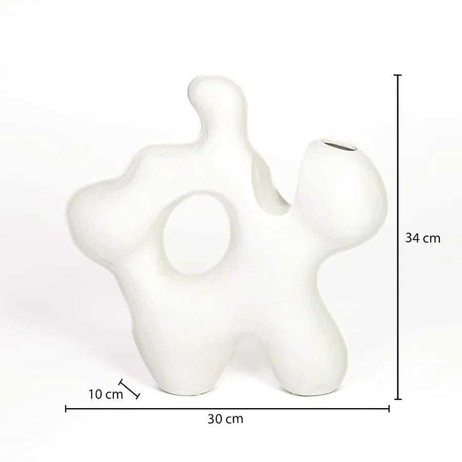 Dimension image of abstract matte white ceramic cutout sculpture vase with fluid curvy frame showing 34 cm height and 30 cm width.