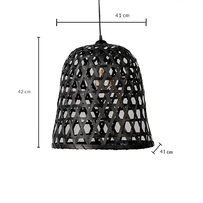 Dimension image of deep basket black bamboo pendant light with open hexagonal weave showing 42 cm height and 41 cm width.