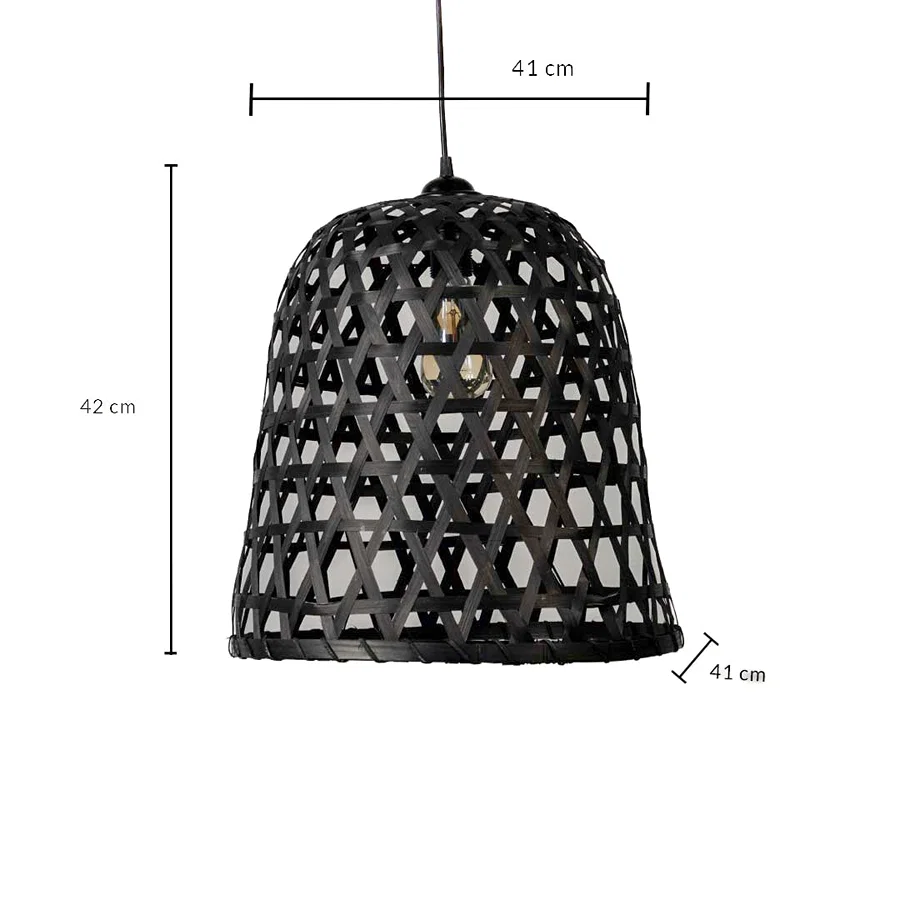 Dimension image of deep basket black bamboo pendant light with open hexagonal weave showing 42 cm height and 41 cm width.