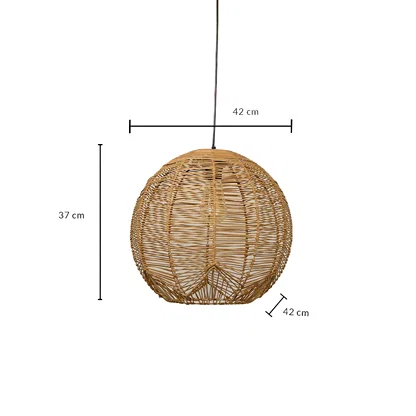 Dimension image of globe woven light brown rattan pendant light fixture showing 37 cm height and 42 cm width.