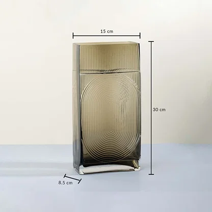 Ribbed glass vase 30 cm height 15 cm width 8.5 cm depth smoke brown rectangular tall design light on white background for modern decor.