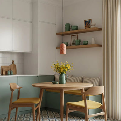 Dining area with wooden table and chairs, green vase with flowers, and shelves with decor items.