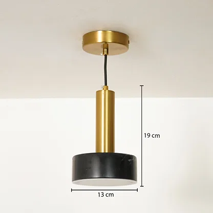 A modern pendant light fixture with a gold cylindrical body, a black circular shade, and a gold ceiling canopy, shown with dimension lines indicating 19 cm height and 13 cm width.