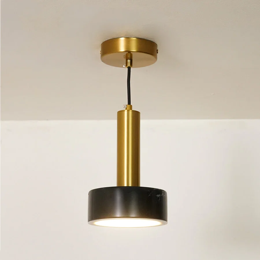 A modern pendant light fixture with a brushed brass cylindrical body, a black circular shade, and a brass ceiling canopy, shown illuminated against a plain off-white wall.