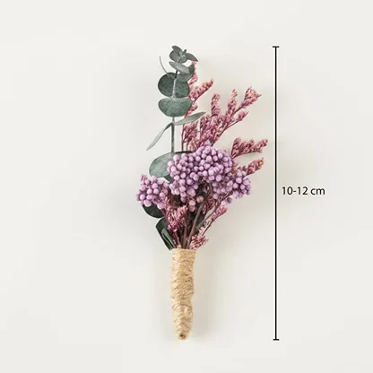 Dried floral bunch with purple blooms green leaves and pink accents showing height 10 to 12 cm ideal for vase Decor styling.