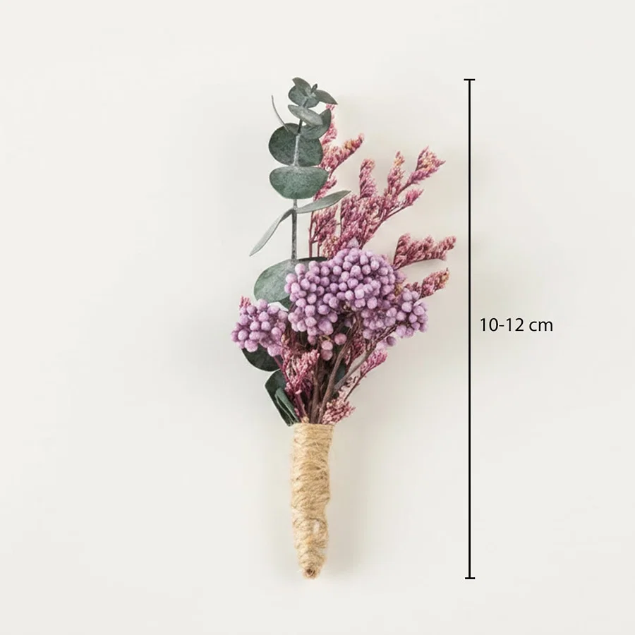 Dried floral bunch with purple blooms green leaves and pink accents showing height 10 to 12 cm ideal for vase Decor styling.