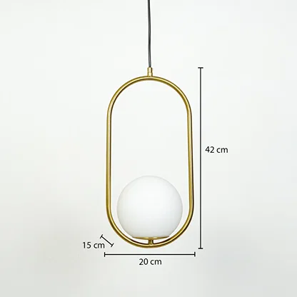 Gold metal ring pendant light dimension image with 20 cm width and 42 cm height for bedside placement.